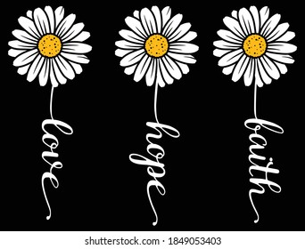 Set of chamomile with text. Collection of stylized wildflowers with place for text. Vector illustration of flowers on a white background. Design for t-shirts.