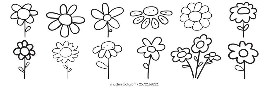 A set of chamomiles. Outline design. Isolated icons. Hand drawn illustrations on white background.