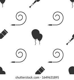 Set Champagne bottle , Balloons with ribbon  and Birthday party horn  on seamless pattern. Vector