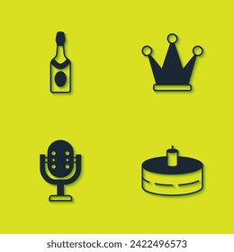 Set Champagne bottle, Cake with burning candles, Microphone and Crown icon. Vector