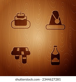 Set Champagne bottle, Cake, Winter scarf and Christmas Santa Claus hat on wooden background. Vector