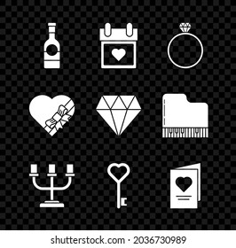Set Champagne bottle, Calendar with heart, Diamond engagement ring, Candlestick, Key shape, Valentines day party flyer, Candy shaped box bow and  icon. Vector