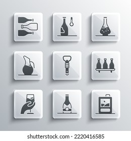 Set Champagne bottle, Cardboard box of wine, Bottle, opener, Wine tasting, degustation, Decanter for, Bottles and  icon. Vector