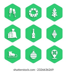 Set Champagne bottle, Christmas ball, Snowflake, Figure skates, Santa Claus bag gift, tree and Glass of champagne icon. Vector