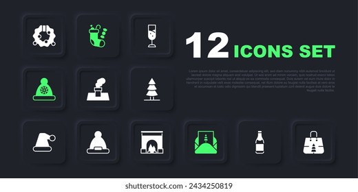 Set Champagne bottle, Christmas shopping bag, chimney, Envelope, Santa Claus hat, stocking and Interior fireplace icon. Vector