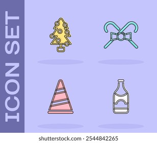 Set Champagne bottle, Christmas tree, Party hat and candy cane icon. Vector