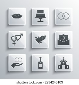 Set Champagne bottle, Church building, Greeting card, Two Linked Hearts, Wedding rings, Gender, Smiling lips and  icon. Vector