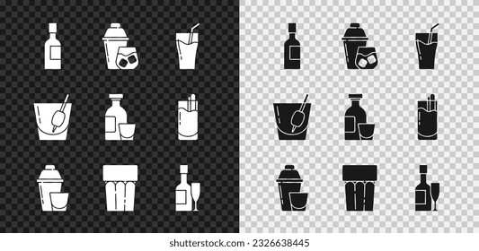 Set Champagne bottle, Cocktail shaker, Glass of juice, with water, and glass, Bloody Mary and Alcohol drink Rum icon. Vector