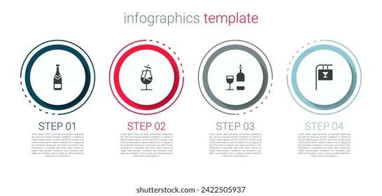 Set Champagne bottle, Cocktail, Wine with glass and Street signboard Bar. Business infographic template. Vector