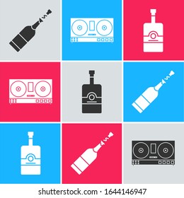 Set Champagne bottle , DJ remote for playing and mixing music  and Whiskey bottle  icon. Vector