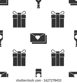Set Champagne bottle, Envelope with Valentine heart and Gift box on seamless pattern. Vector