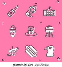 Set botella de champán, Firework, Congreso del Capitolio de Estados Unidos, helado en cono de gofre, sombrero de tope patriótico americano, parrilla barbacoa, icono de bocadillo de cañón y hotdog. Vector
