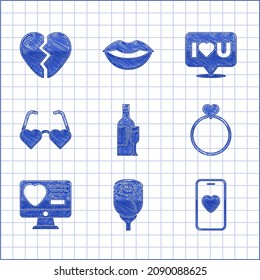 Set Champagne bottle, Flower rose, Online dating app and chat, Wedding rings, Dating online, Heart shaped love glasses, Speech bubble with I you and Broken heart icon. Vector