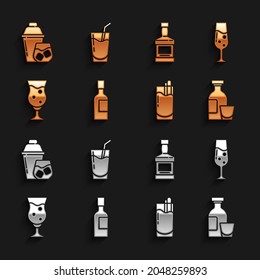 Set Champagne bottle, Glass of champagne, Alcohol drink Rum, Cocktail Bloody Mary, beer, Whiskey, shaker and  icon. Vector