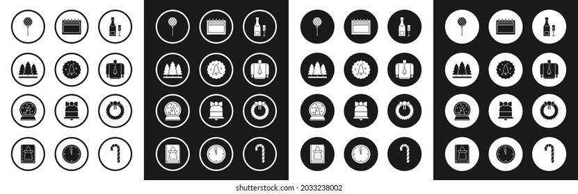 Set Champagne bottle and glass of champagne, Cookie or biscuit with chocolate, Christmas trees, Lollipop, sweater, Calendar, wreath and snow globe icon. Vector