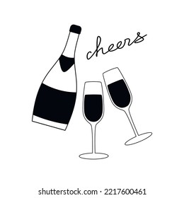 Conjunto de ilustraciones de dibujo de botellas de champán y vectores de vidrio. Icono de silueta lineal dibujado a mano. Elemento de diseño mínimo para impresión, pancarta, tarjeta, cartel de arte de pared, folleto, logotipo.