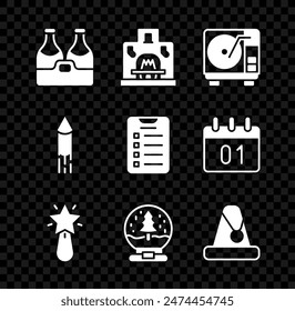 Set Champagne bottle, Interior fireplace, Vinyl player with vinyl disk, Christmas star, snow globe, Santa Claus hat, Firework rocket and New year goals list icon. Vector