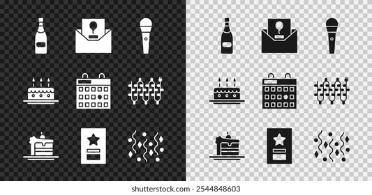 Set Champagne bottle, Invitation, Karaoke microphone, Cake, Greeting card, Festive confetti, with burning candles and Birthday calendar icon. Vector