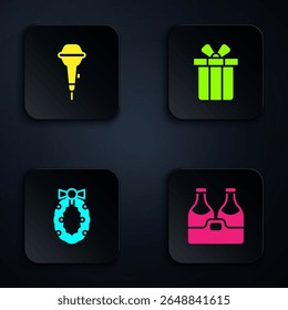 Set Champagne bottle, Microphone, Christmas wreath and Gift box. Black square button. Vector