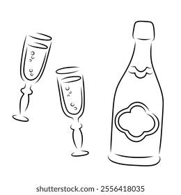 Set of champagne bottle and pair glass outline silhouette