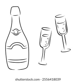 Set of champagne bottle and pair glass outline silhouette