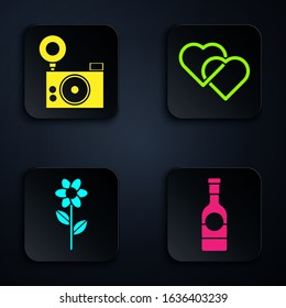 Set Champagne bottle, Photo camera, Flower and Two Linked Hearts. Black square button. Vector