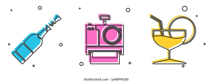 Set Champagne bottle , Photo camera  and Martini glass  icon. Vector