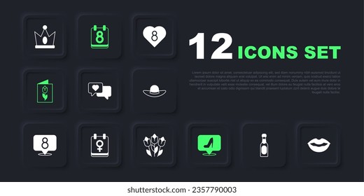 Set Champagne bottle, Smiling lips, Heart speech bubble, Woman shoe, Greeting card with 8 March, Calendar,  and Flower tulip icon. Vector