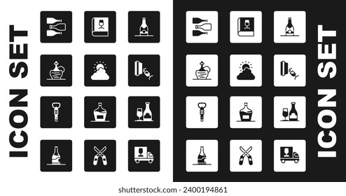 Set Champagne bottle, Sun and cloud weather, Wine in italian fiasco, Bottles of wine, tasting, degustation, Book about, with glass and opener icon. Vector