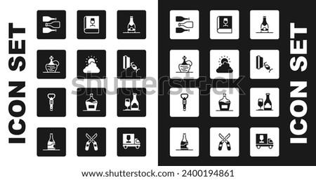 Set Champagne bottle, Sun and cloud weather, Wine in italian fiasco, Bottles of wine, tasting, degustation, Book about, with glass and opener icon. Vector
