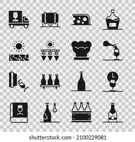 Set Champagne bottle, Wine time, tasting, degustation, Cheese, Drying grapes, Drought, truck and Chef hat icon. Vector