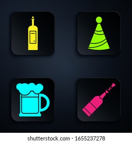 Set Champagne bottle , Bottle of wine , Wooden beer mug  and Party hat . Black square button. Vector