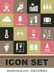 Set Champagne bottle, Bottle of wine, Wooden barrel for, Vineyard grapes, Wine glass, Cloud with rain, Farmer the hat and Sommelier icon. Vector