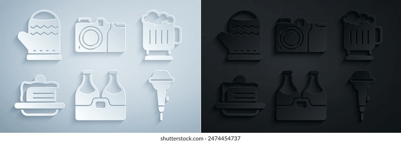 Set Champagne bottle, Wooden beer mug, Cake, Microphone, Photo camera and Christmas mitten icon. Vector