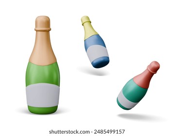 Set of champagne bottles of different colors. Vector elements in various poses