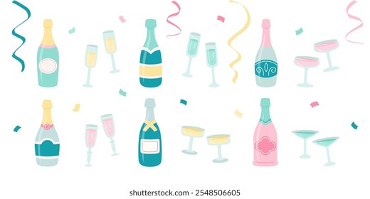 Set of champagne bottles and glasses in pastel colors in cute cartoon flat style