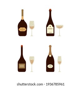 Set of champagne bottles with glasses. Vector flat style isolated on white background.