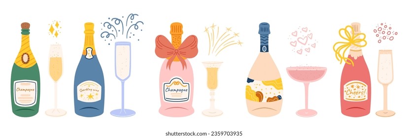 Botellas de champán, Vino espumoso, Efectivos De Celebración. Llena Un Vino, Sus Burbujas De Oro Bailando, Su Elegancia Y Alegría En Un Barco Delicado. Ilustración del vector de dibujos animados