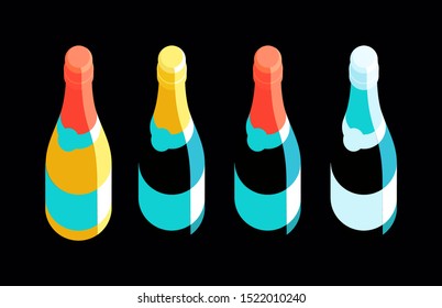 Set of champagne bottles, top view. Isolated images, black background. Vector illustration