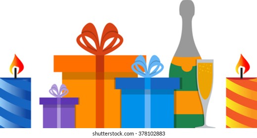 Set of champagne, gift boxes and candles. EPS 10