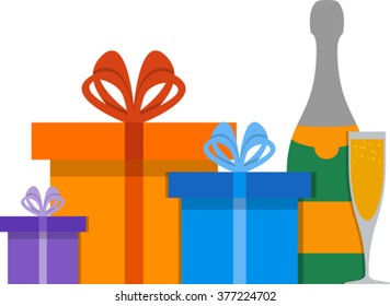 Set of champagne and gift boxes. EPS 10