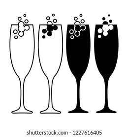 Set of champagne glass icons. Champagne or sparkling wine with bubbles in tall elegant glasses. Vector Illustration