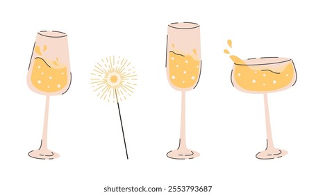 Set of champagne glasses. Champagne glasses. Alcoholic drinks for birthday parties. Vector illustration in flat style.