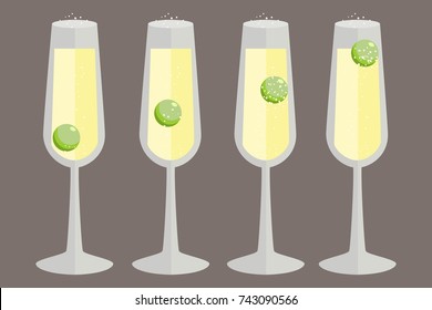 Set of champagne glasses with a grape inside. Vector illustration