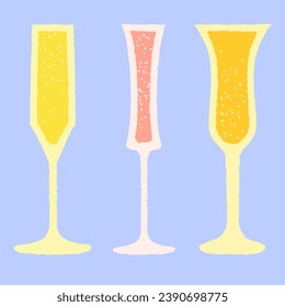 Set of champagne glasses. Vector illustration with texture. Sparkling wine in glass. Simple design of alcoholic drinks for celebration and bar. Bubbly wine in stemmed glasses. Mimosa