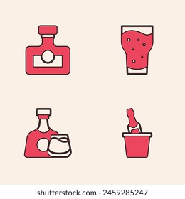 Set Champagne in an ice bucket, Alcohol drink Rum, Glass of beer and Whiskey bottle and glass icon. Vector