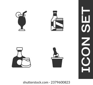 Set Champagne in an ice bucket, Cocktail, Whiskey bottle and glass and Beer beer can icon. Vector