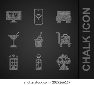 Set Champagne in an ice bucket, Remote control, Five stars rating review, Suitcase, Hotel building, Martini glass, room bed and Smart Tv icon. Vector