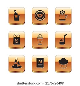 Set Champagne in an ice bucket, Slice of pizza, Restaurant cafe menu, Ice cream bowl, Salt, Coffee cup, Cupcake and Steak meat on plate icon. Vector
