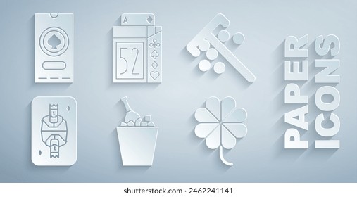 Set Champagne in an ice bucket, Stick for chips, King playing card with diamonds, Casino slot machine clover, Deck of cards and poker tournament invitation icon. Vector